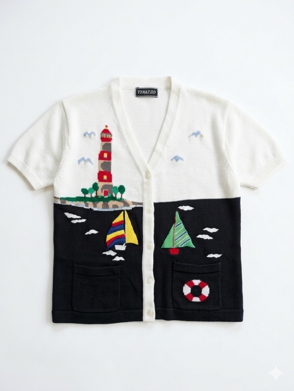 Terazzo Vintage Nautical Lighthouse & Sailboat Novelty Cardigan